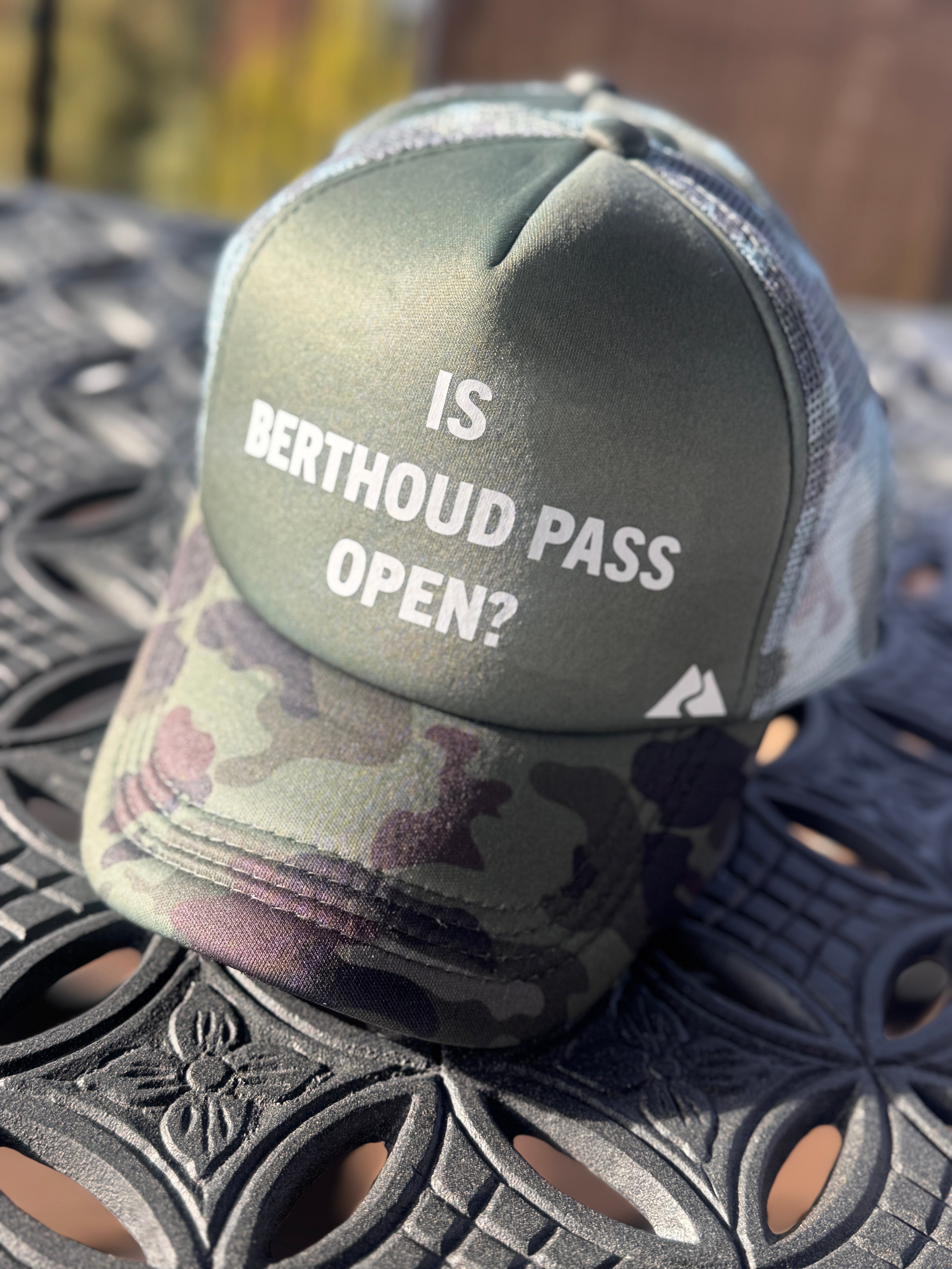 Camo on Sage Trucker Hat with White Font