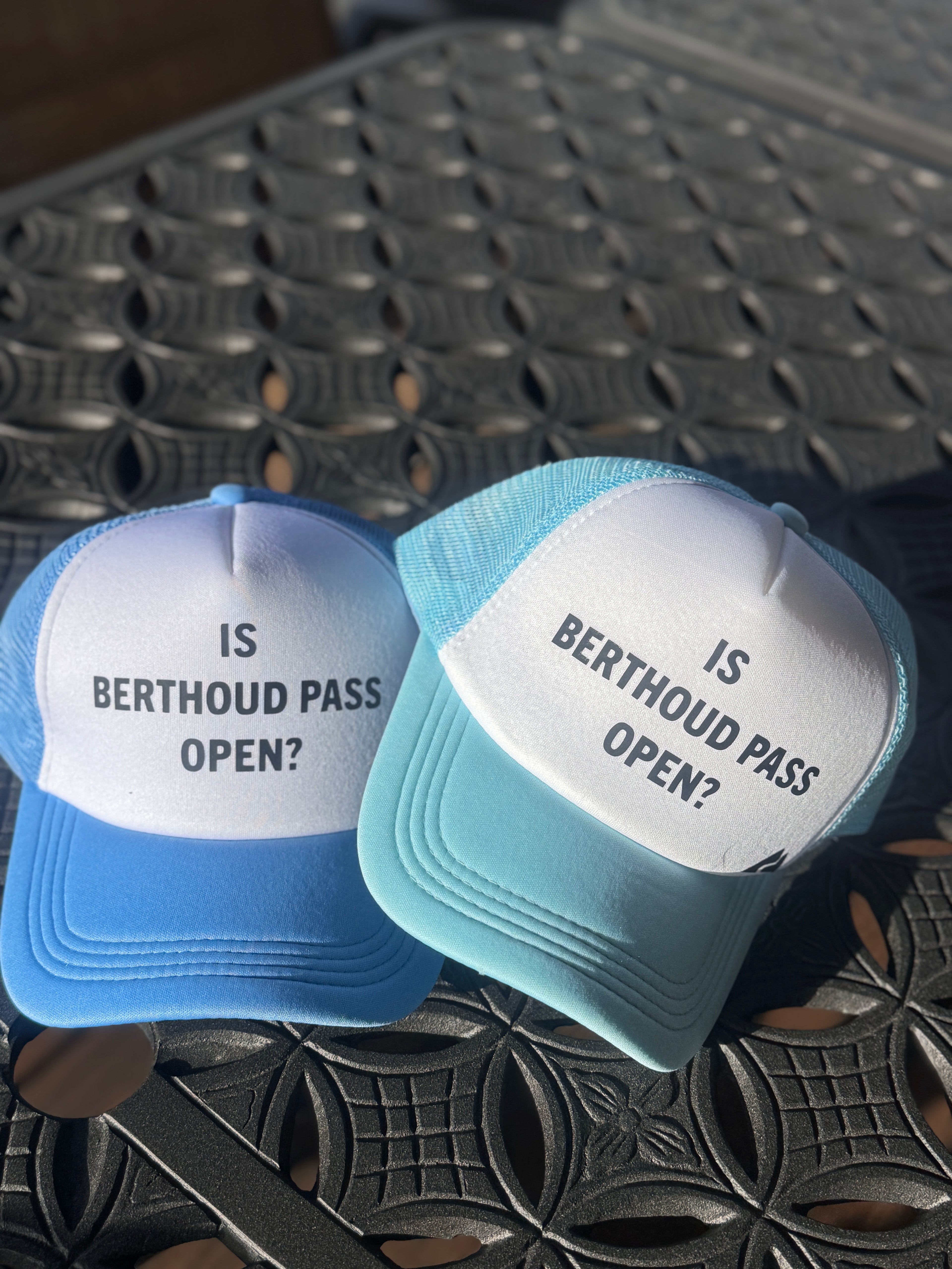 Light Blue Trucker Hat with Black Font