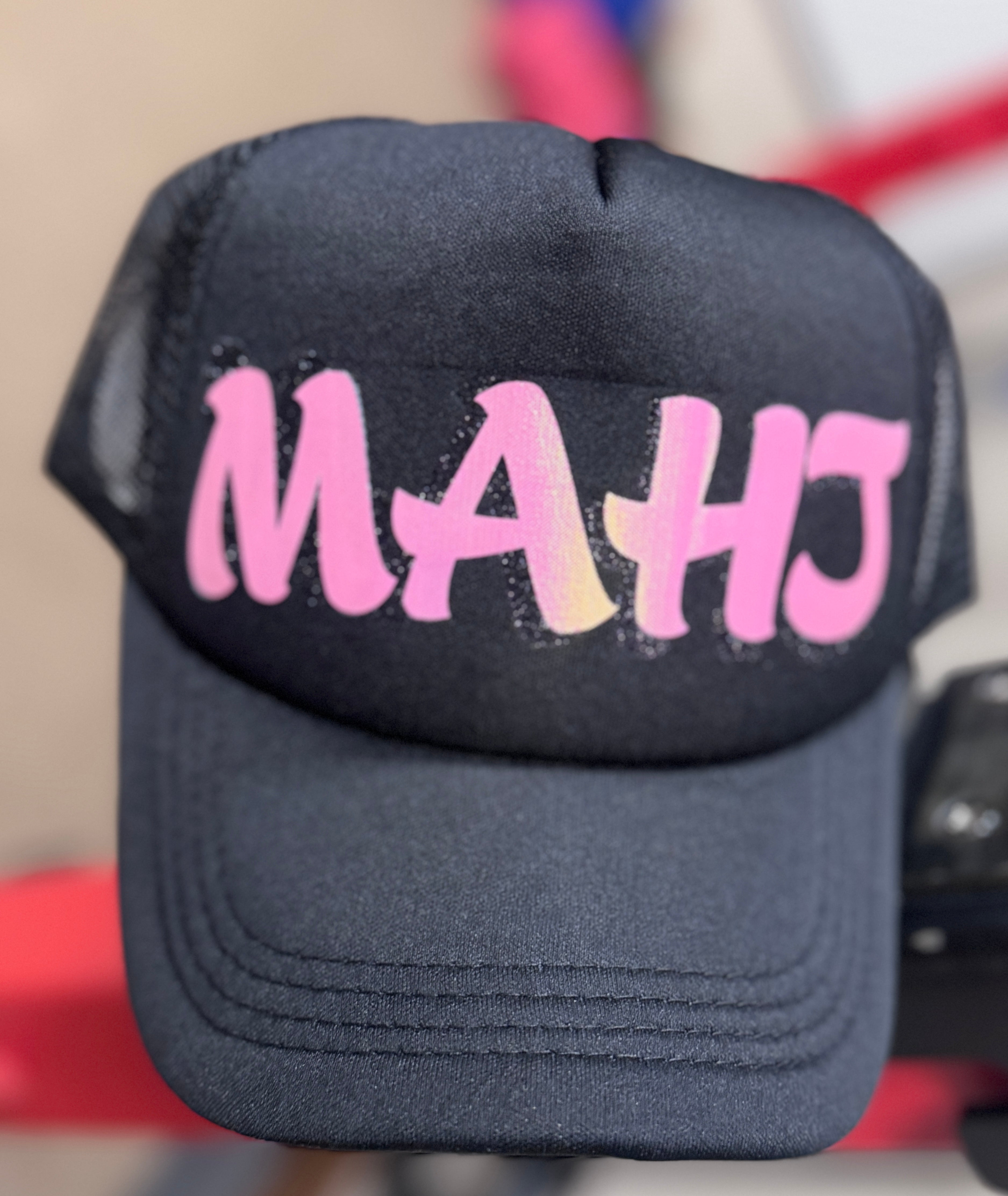 MAHJONG "MAHJ" Black Trucker Hat with Aurora Pink Print