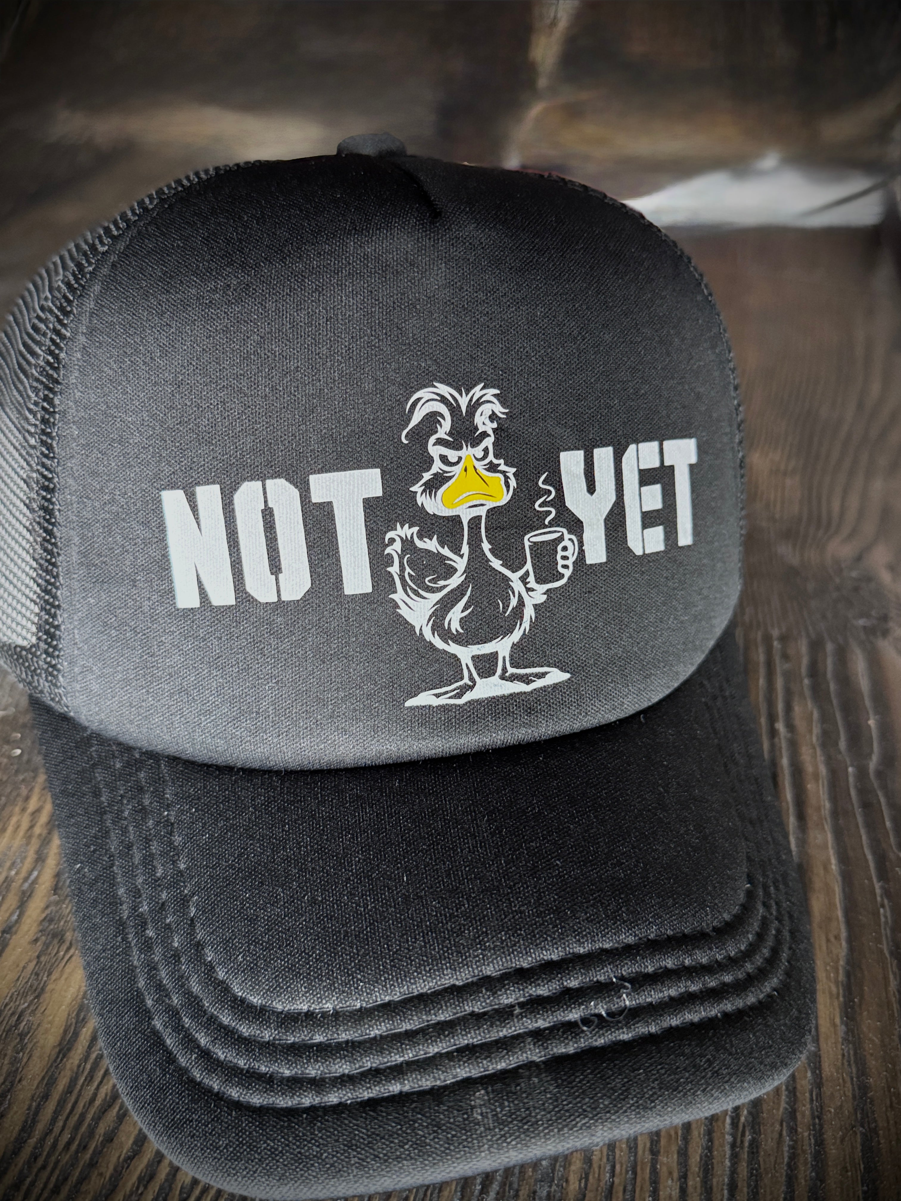 Not Yet, Grouchy Duck Black Trucker Hat