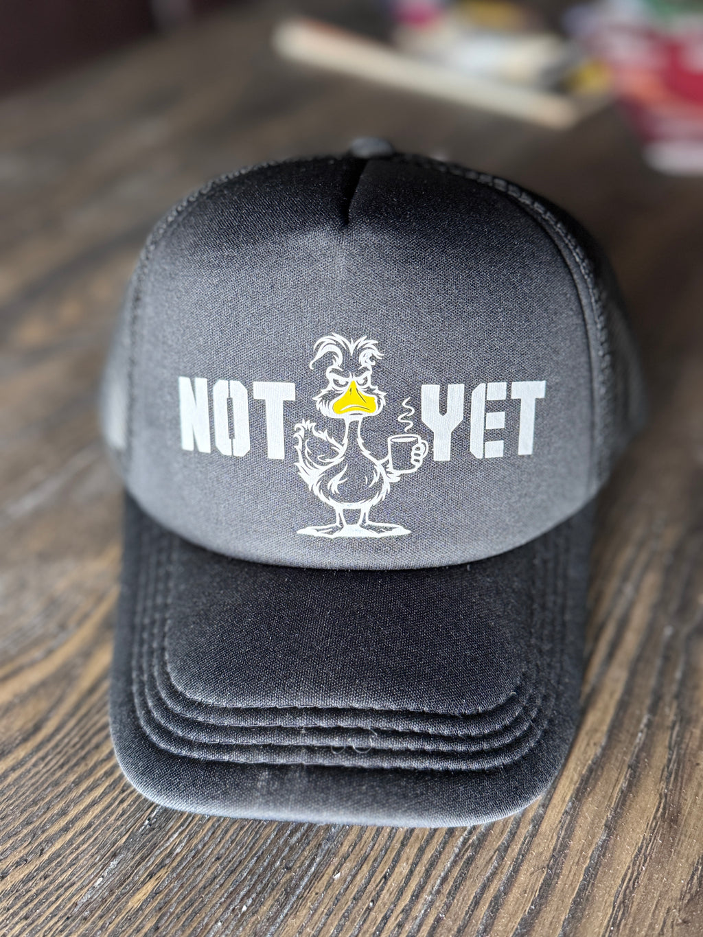 Not Yet, Grouchy Duck Black Trucker Hat