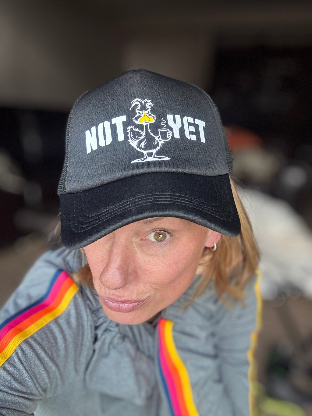 Not Yet, Grouchy Duck Black Trucker Hat